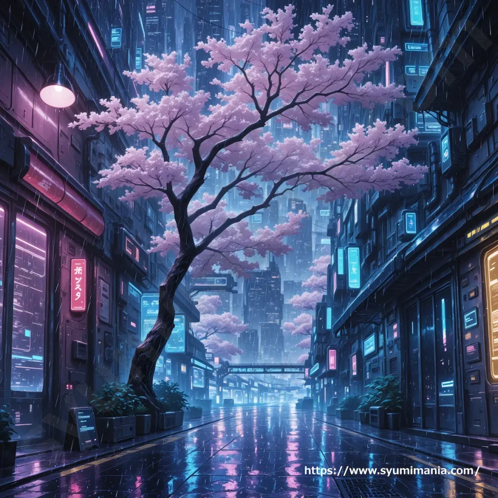 桜が咲くサイバーパンクのAIイラスト