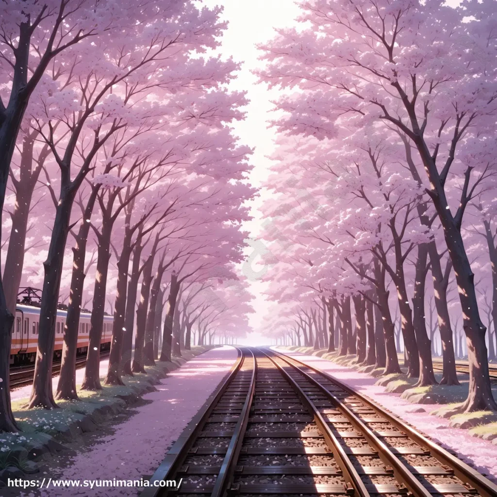 桜が咲く鉄道沿いのAIイラスト