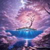 桜が咲く川沿いのAIイラスト