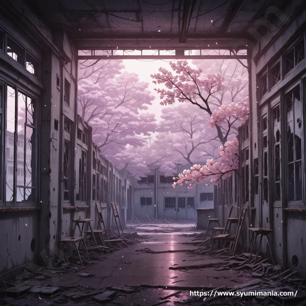 桜が咲く廃校のAIイラスト