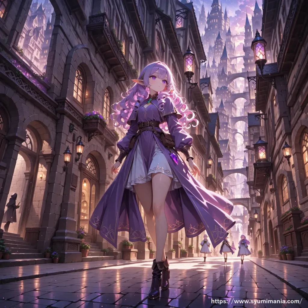 エルフの少女が都市を歩いている。
