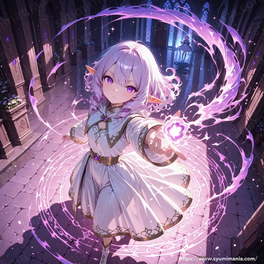エルフの少女が宮殿で魔法を唱えている。