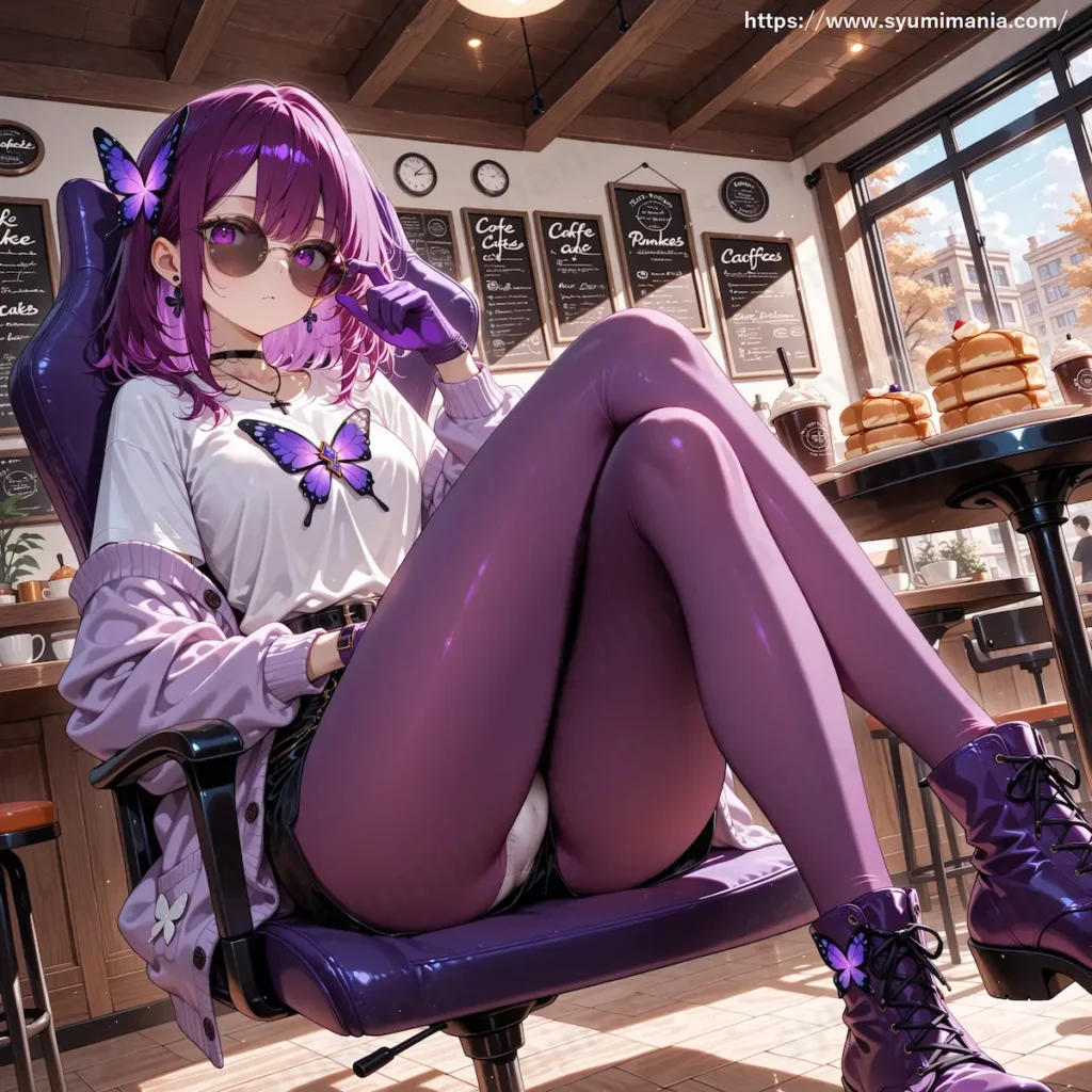 紫髪・紫目の少女がカフェで足を組んでいる。