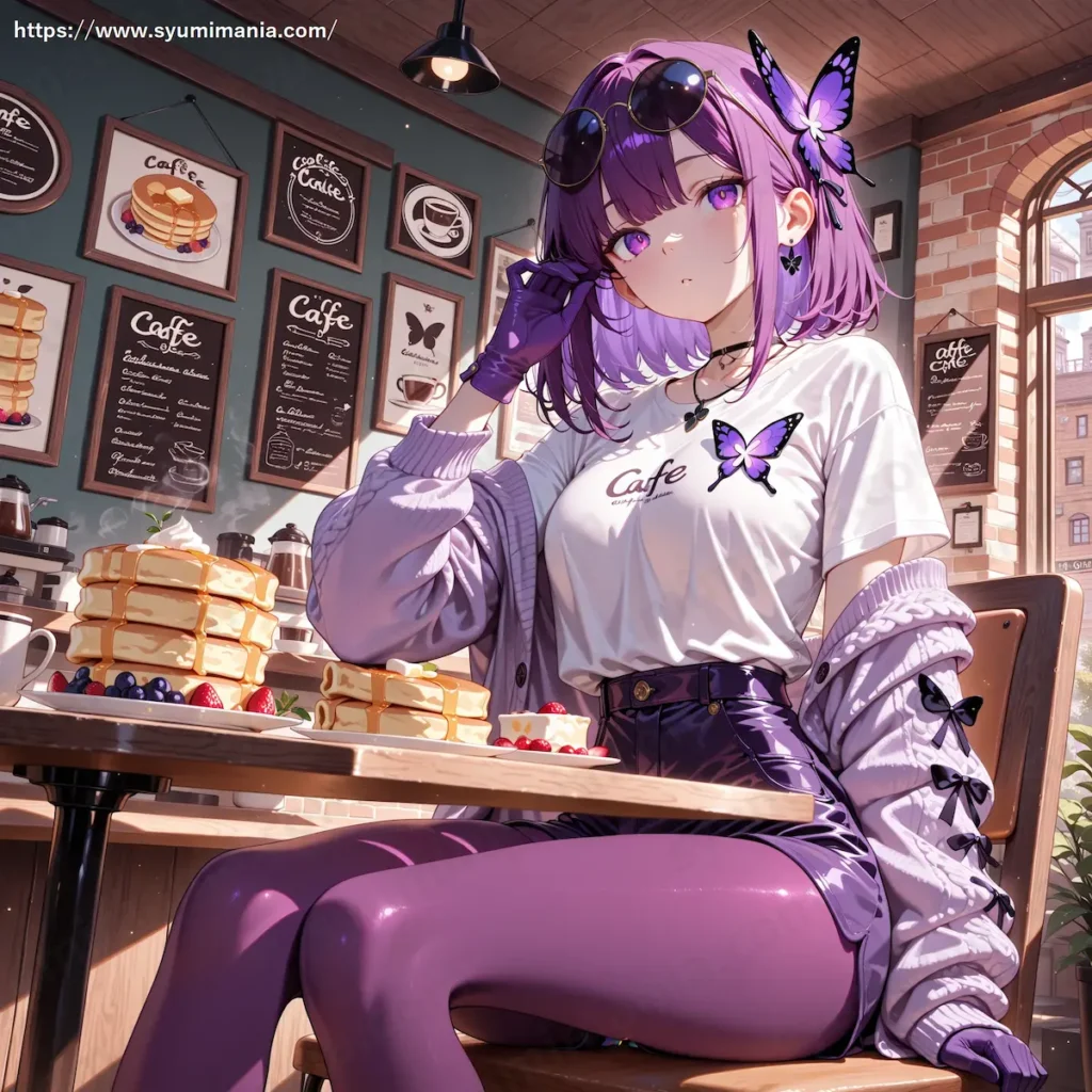 紫髪・紫目の少女がカフェでパンケーキを前にしている。